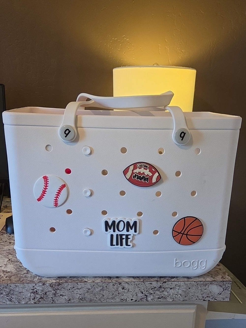 Bogg Bag White Carry Tote with Sports Charms - Mom Life